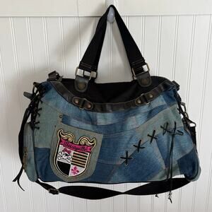 VTG Y2K Betsey Johnson Betseyville high denim patchwork duffle bag weekender